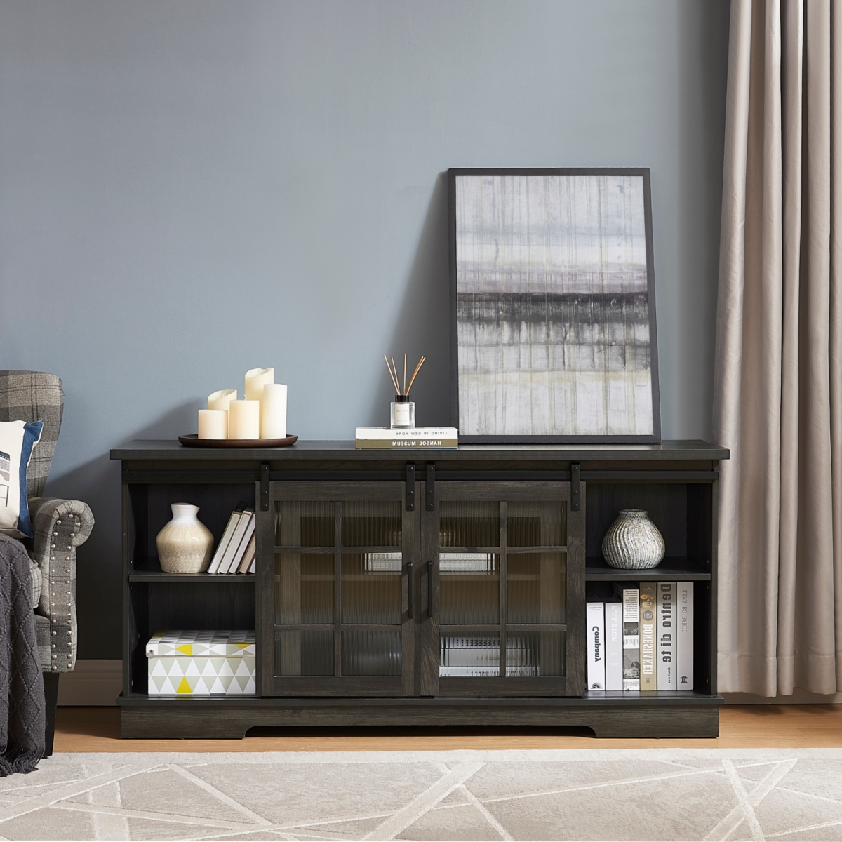 Sliding Door Tv Stand with Sliding Glass Doors, Charcoal Grey