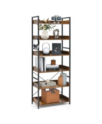 6-Tier Industrial Bookcase with Open Shelves, Metal Frame, 4 Hooks, and Anti-Tip Design