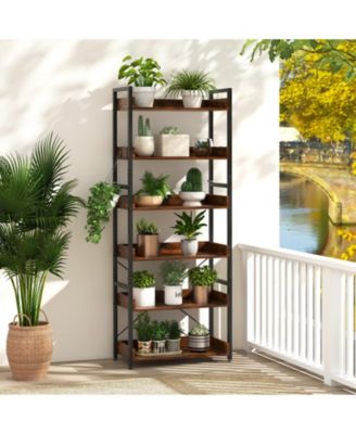 6-Tier Industrial Bookcase with Open Shelves, Metal Frame, 4 Hooks, and Anti-Tip Design