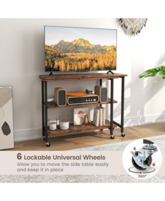 360° Rotating Sofa Side Table with 2-Tier Storage Shelves-Rustic Brown