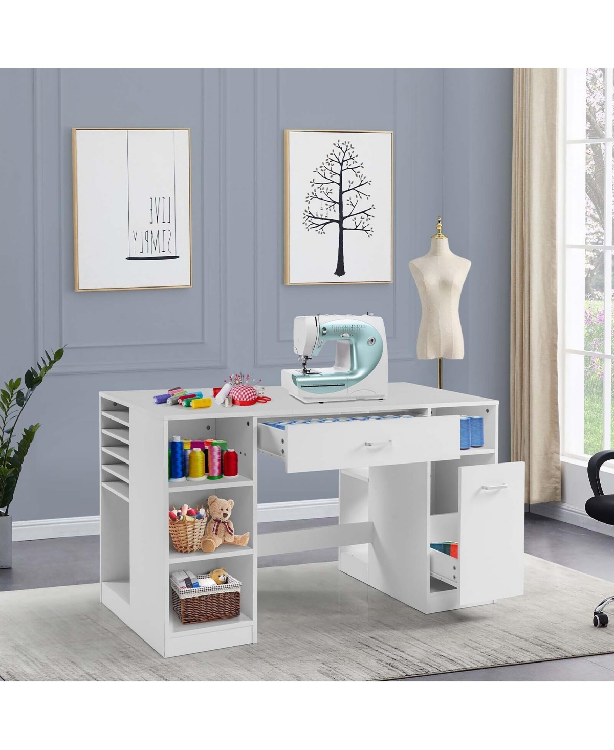 Skonyon Sewing Craft Table Home Office Computer Desk with Storage Shelves and Drawer