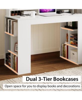 Computer Desk with Dual 3-Tier Bookshelf and Monitor Shelf-White