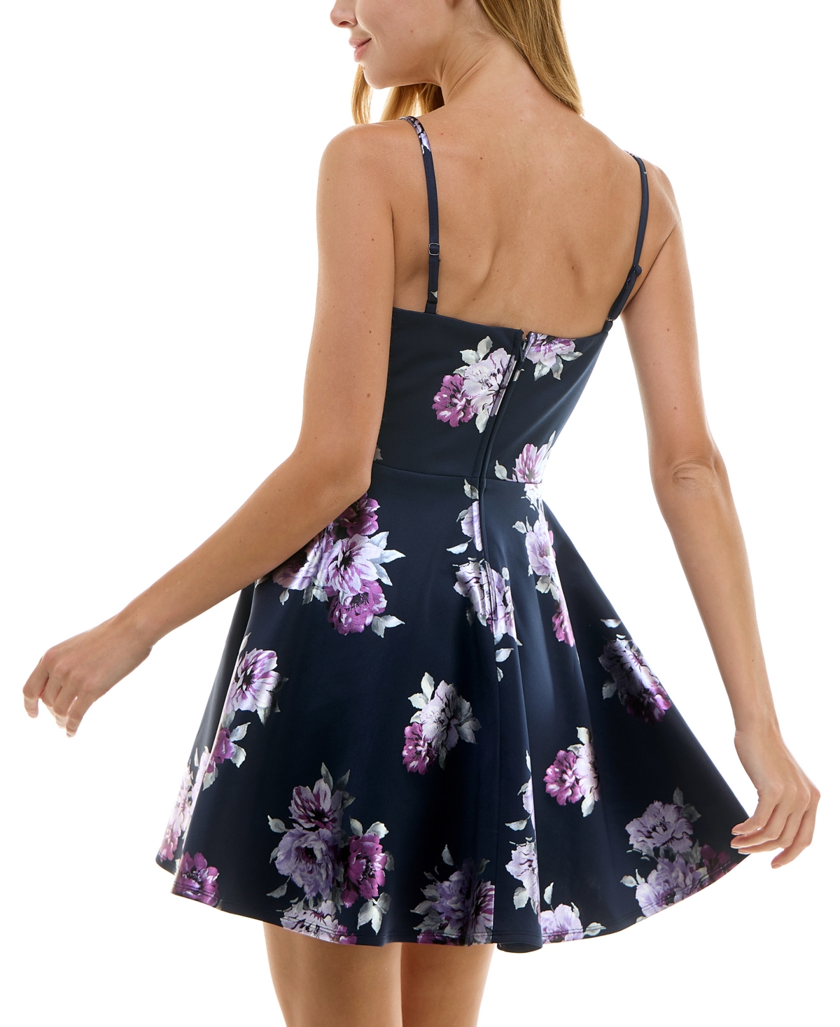 City Studios Juniors' Foil Floral Print Sleeveless Fit & Flare Dress -purpl