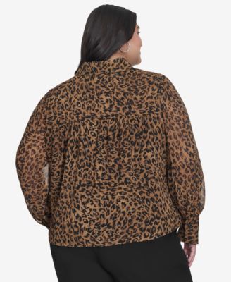 DKNY Plus Size Cheetah-Print Long-Sleeve Shirt
