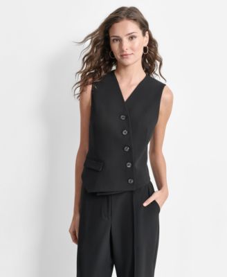 DKNY - Women's Solid Asymmetrical Button-Down V-Neck Vest