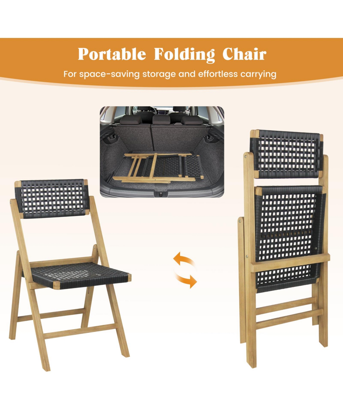 Sugift Set of 2 Folding Chairs Indonesia Teak Wood Dining Chairs with Woven Rope Seat and Back