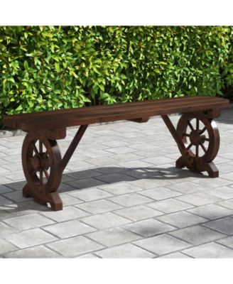 Patio Rustic Wood Bench with Wagon Wheel Base