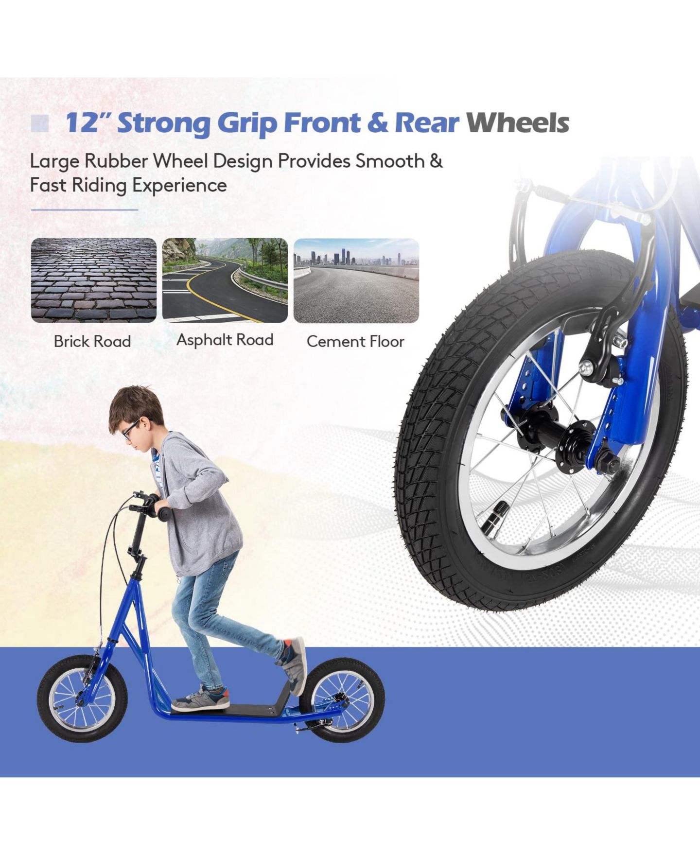 Детская игрушка VEBREDA Height-Adjustable Kid Kick Scooter with 12-Inch Pneumatic Tire and Rear Brake, Ages 5-12, цвет: Синий — фото 3