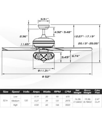 52 Inch 3 Wind Speeds and 5 Reversible Blades Ceiling Fan