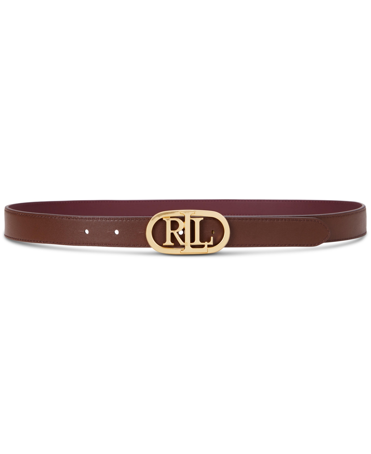 Lauren Ralph Lauren Oval Logo Buckle Reversible Leather Skinny Belt -Dark Mahogany