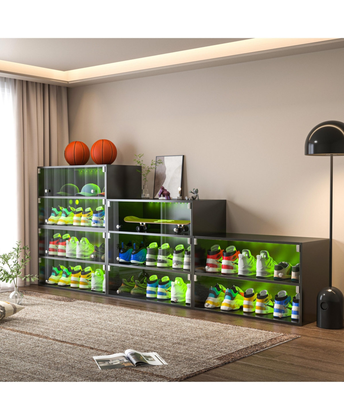 Streamdale FurnitureGlass Door Shoe Box Shoe Storage Cabinet For Sneakers With Rgb Led Light - Black