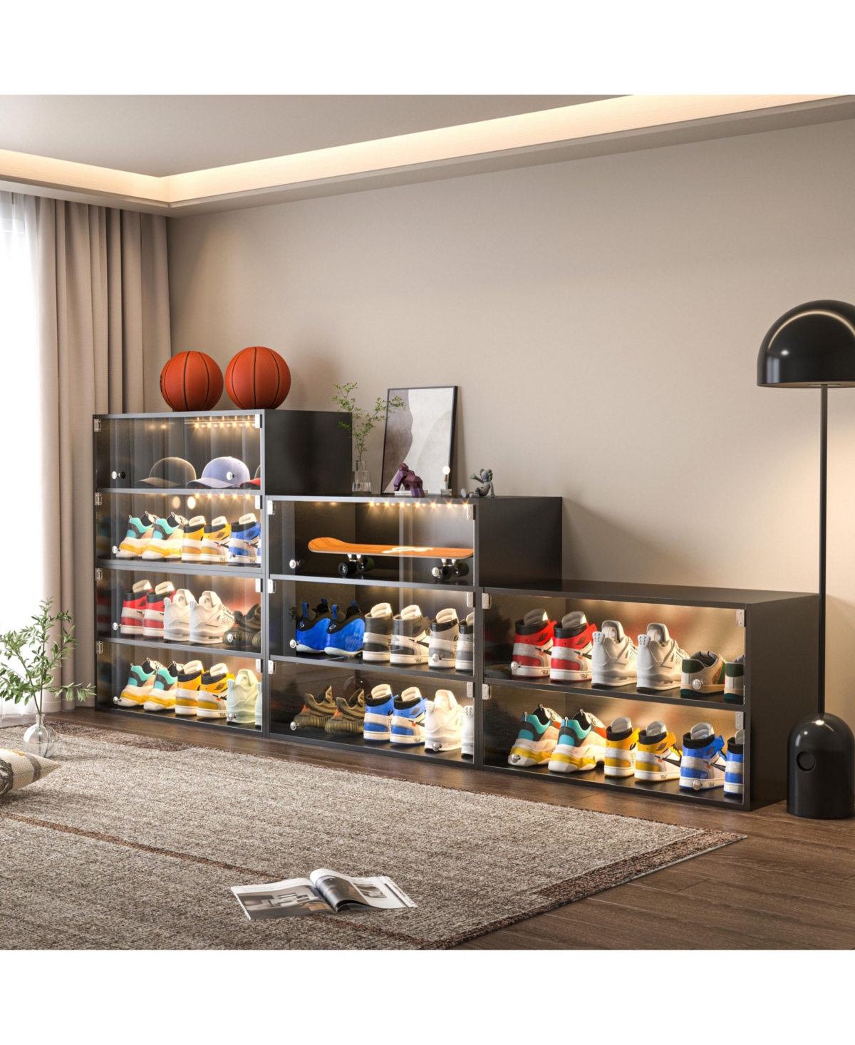 Streamdale FurnitureGlass Door Shoe Box Shoe Storage Cabinet For Sneakers With Rgb Led Light - Black