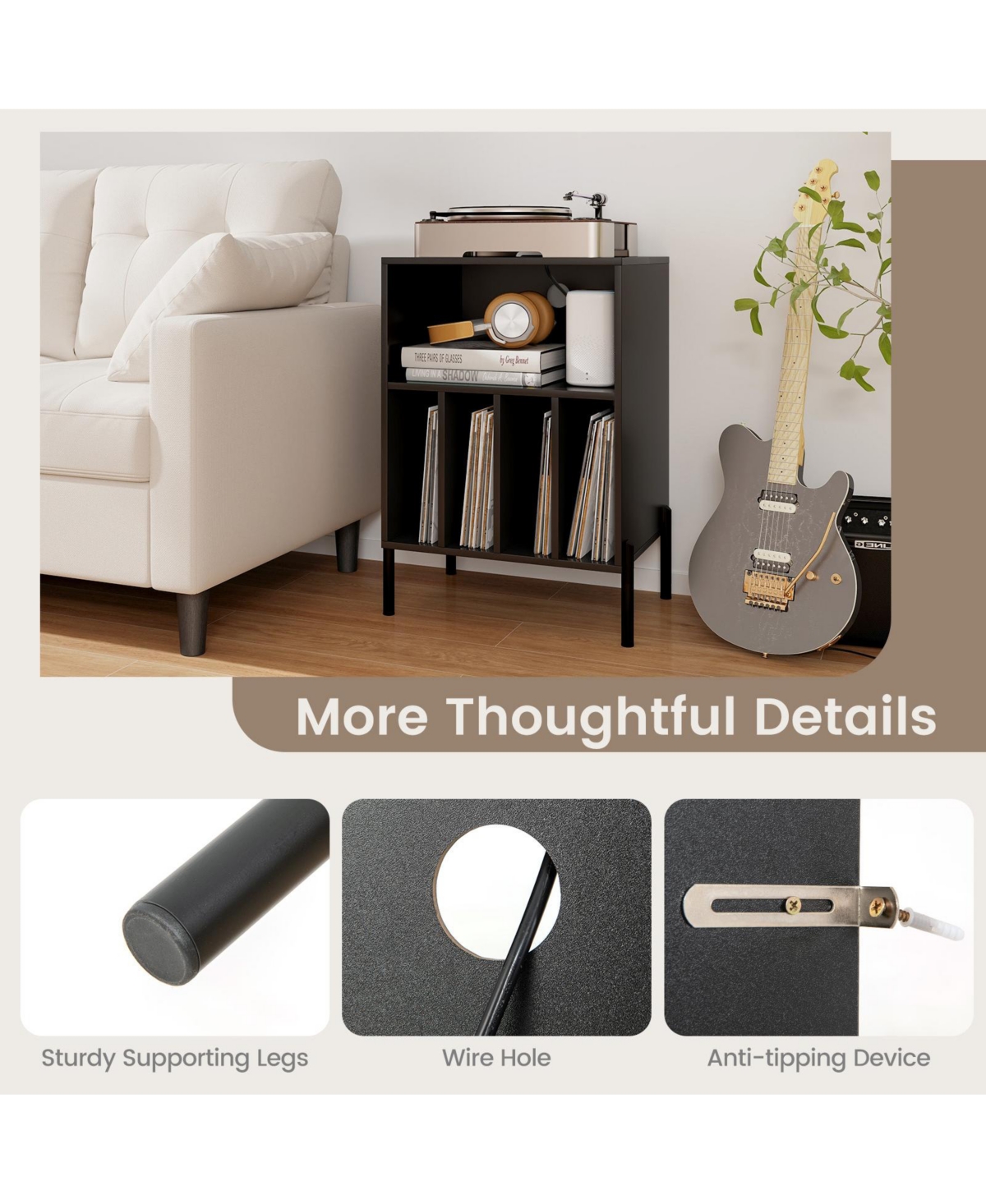 Skonyon Record Player Stand with Record Storage Shelf and Charging Station- Black
