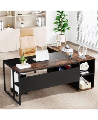 71 inch Executive Desk, L Shaped Desk with Cabinet Storage, Executive Office Desk with Shelves for Home Office