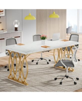 Modern Dining Table, 63" Large Kitchen Table for 4-6 People, Unique Rectangular Dinner Table Kitchen & Dining Room Furniture with Faux Marble Tabletop and Geometric Legs