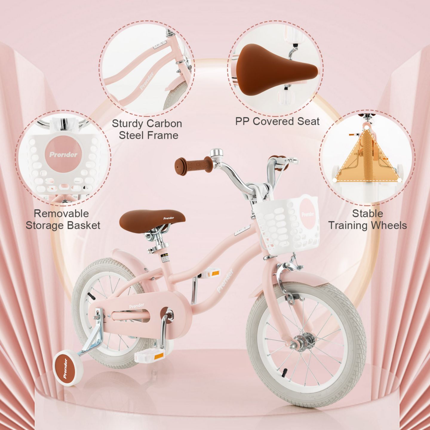 Детская игрушка Costway 14" Removable Training Wheels Adjustable Kids' Bicycle, 3–5 лет, цвет: Розовый — фото 4