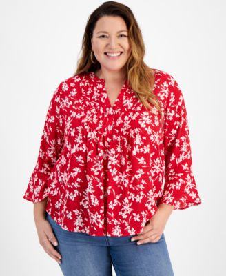 Style Co Plus Size Printed V Neck Pintuck 3 4 Sleeve Top Created for Macy s Macy s