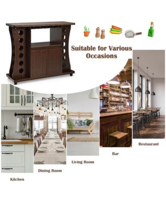 Rolling Buffet Sideboard Wooden Bar Storage Cabinet w/ Wine Rack & Glass Holder