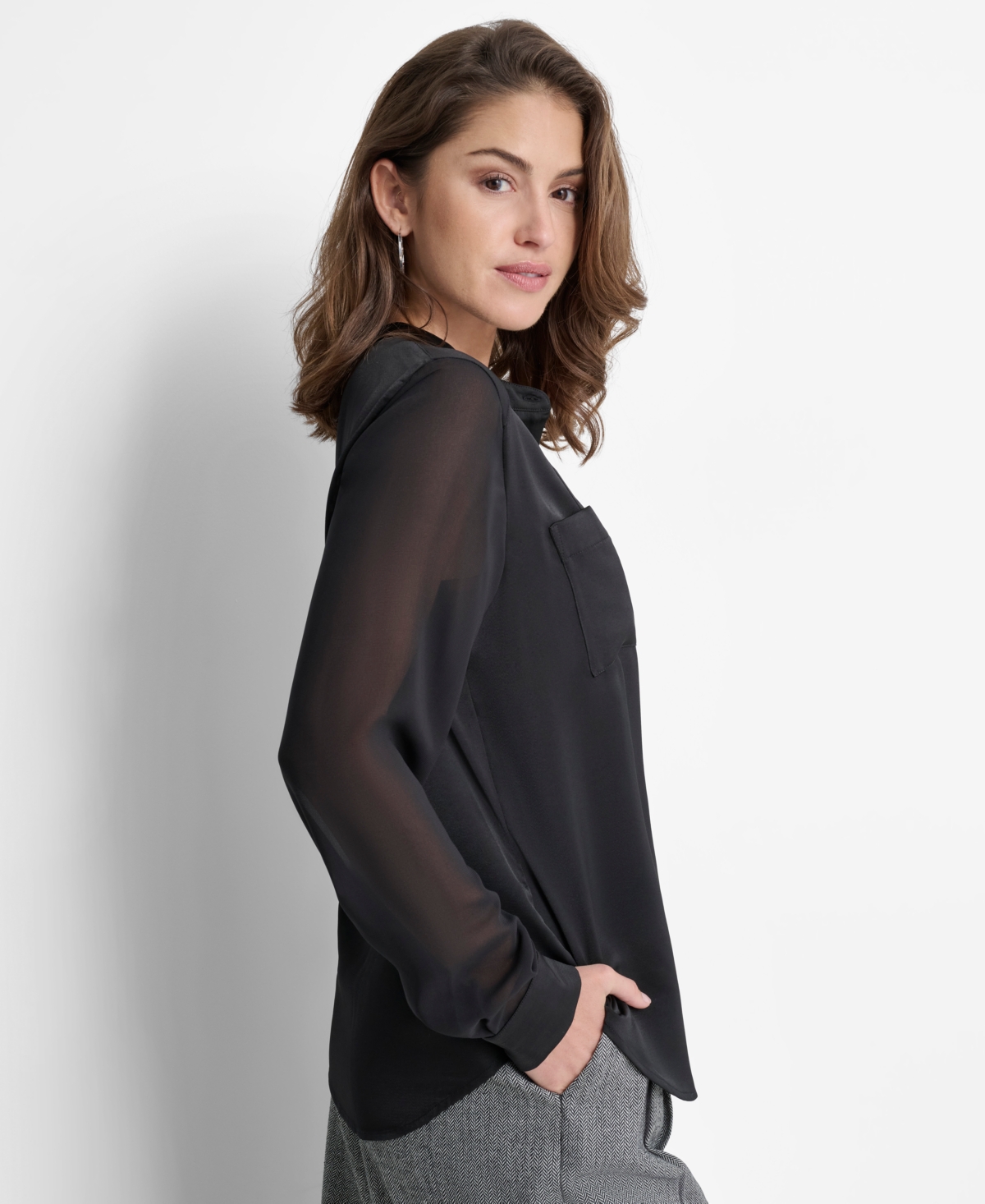 Dkny Women's Chiffon-Sleeve Button-Front Satin Blouse