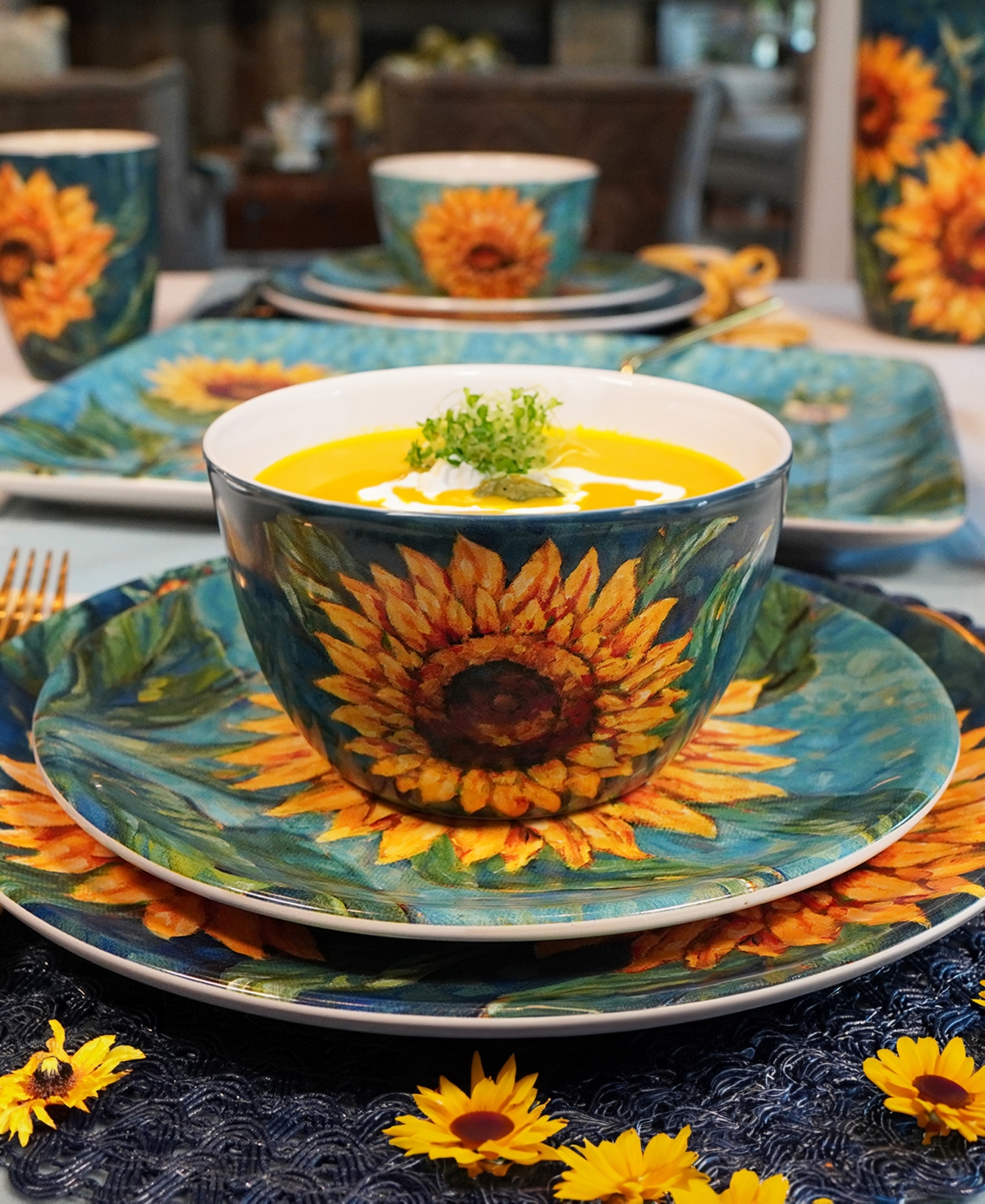 Certified International Golden Sunflowers 16pc Dinnerware Set, Service For 4 In Miscellaneous