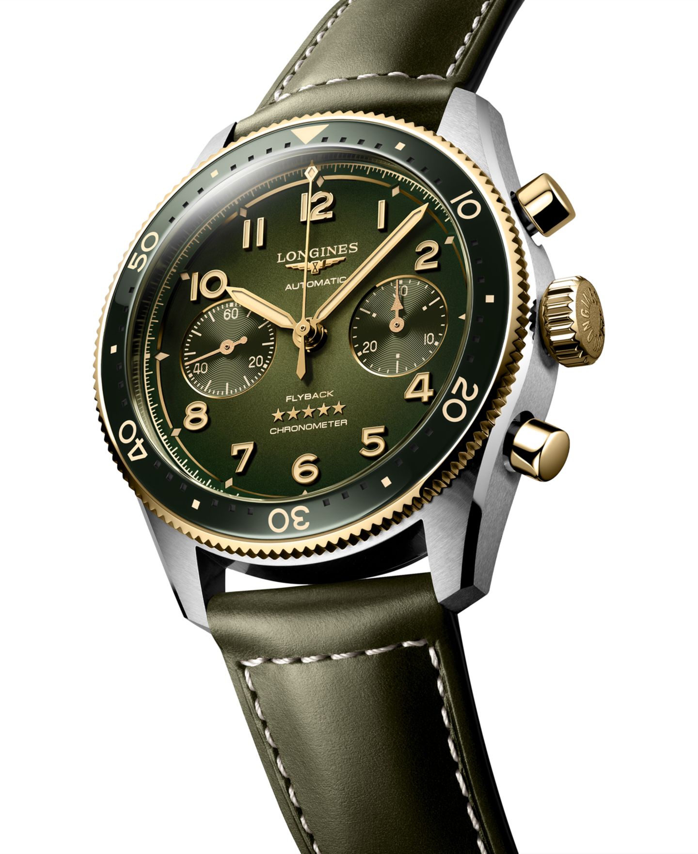 Мужские часы Longines Swiss Automatic Chronograph Spirit Flyback Green Leather Strap Watch 42mm — фото 2