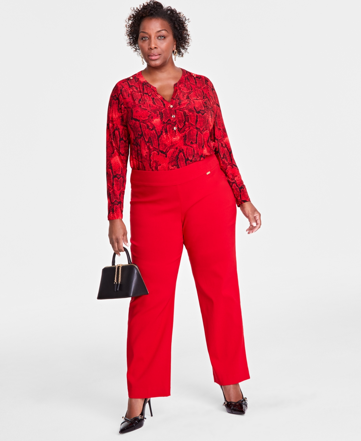 I.n.c. International Concepts Plus Size Printed Split-Neck Long-Sleeve Top, Created for Macy's