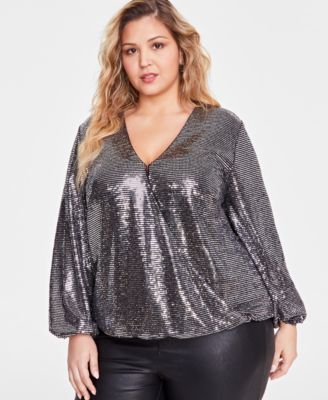 INC International Concepts Sequin Cold-Shoulder Blouse orders Silver M