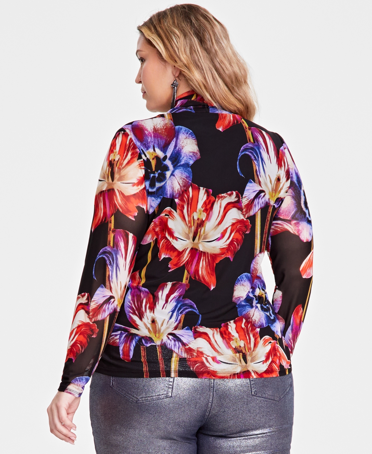 I.n.c. International Concepts Plus Size Floral-Print Mesh Turtleneck, Created for Macy's