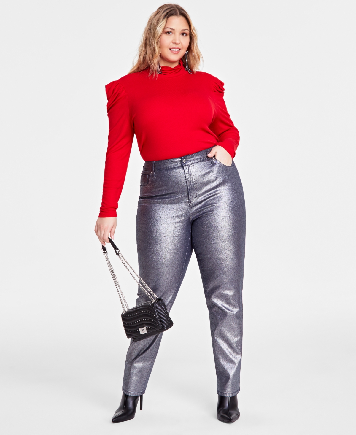 Inc International Concepts Plus Size Puff-shoulder Ribbed Turtleneck, Created For Macy's In Silver