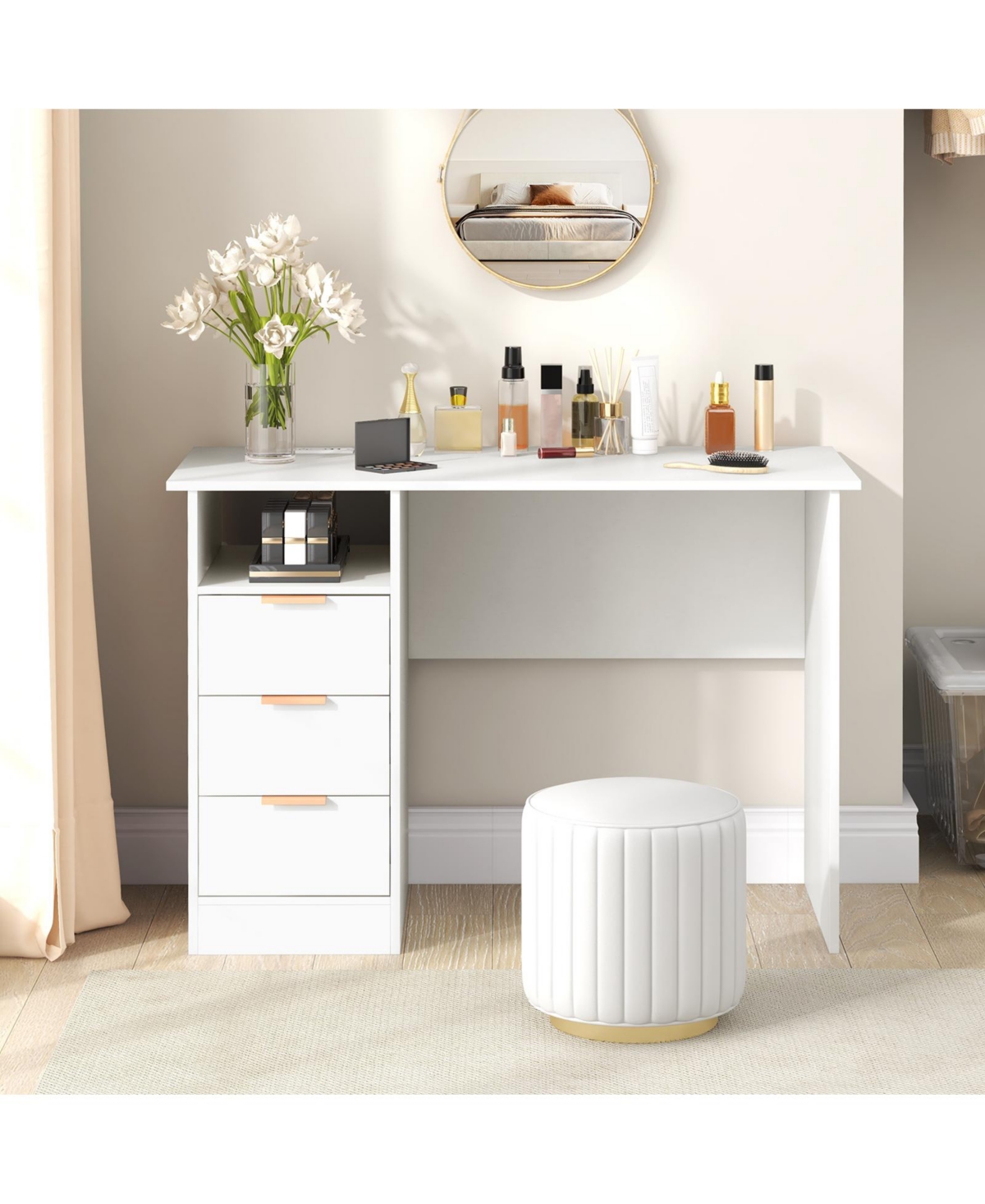 Home Office Desk with Power Outlet 3 Storage Drawers and Open Compartment-White