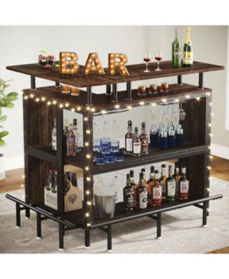 Home Bar Unit, L-Shaped Bar Table with Stemware Racks and 2-Tier Shelves, Corner Mini Coffee Liquor Cabinet with Footrest for Home/Kitchen/Pub, Rustic Brown