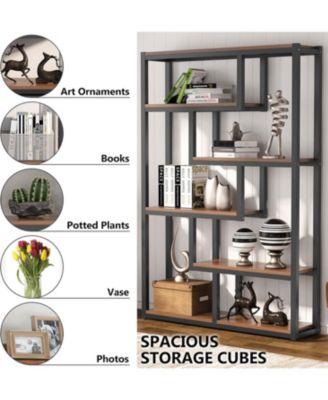 6-Shelf Industrial 69-Inch Tall Bookshelf with Staggered Display Shelves and Metal Frame Etagere Bookcase for Home Office