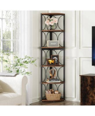 Tall Corner Shelf, 6 Tier Rustic Corner Bookshelf Bookcase Storage Rack Standing Shelving Unit