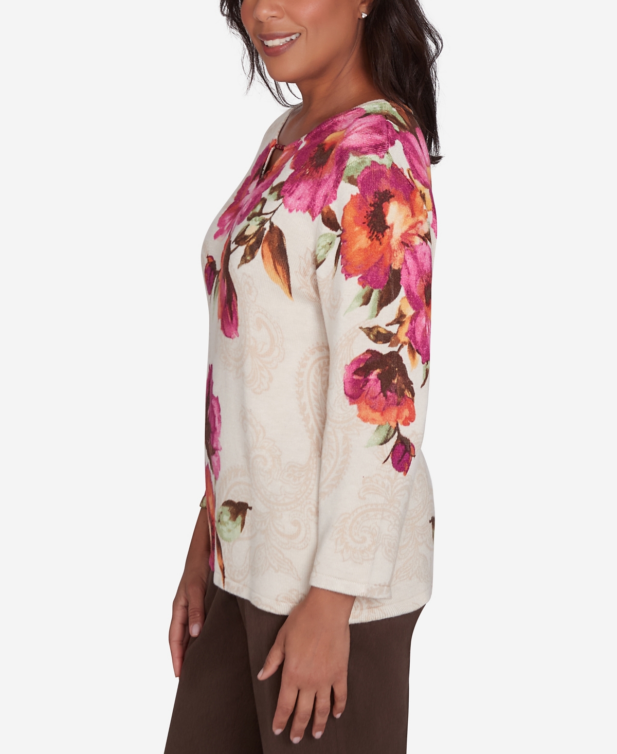 Alfred Dunner Petite Wine Country Watercolor Floral Beaded Split Neck Top In Muneutr