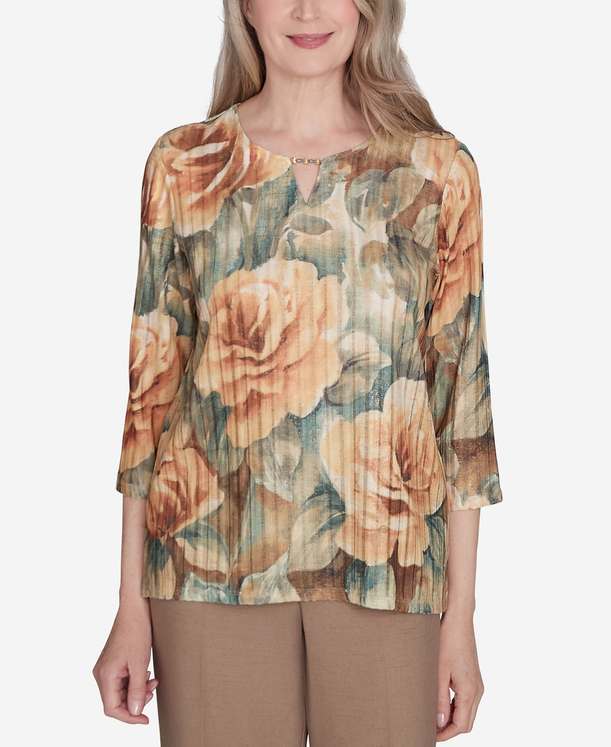 Alfred Dunner Plus Size Emerald Isle Vintage-like Floral Top In Muneutr