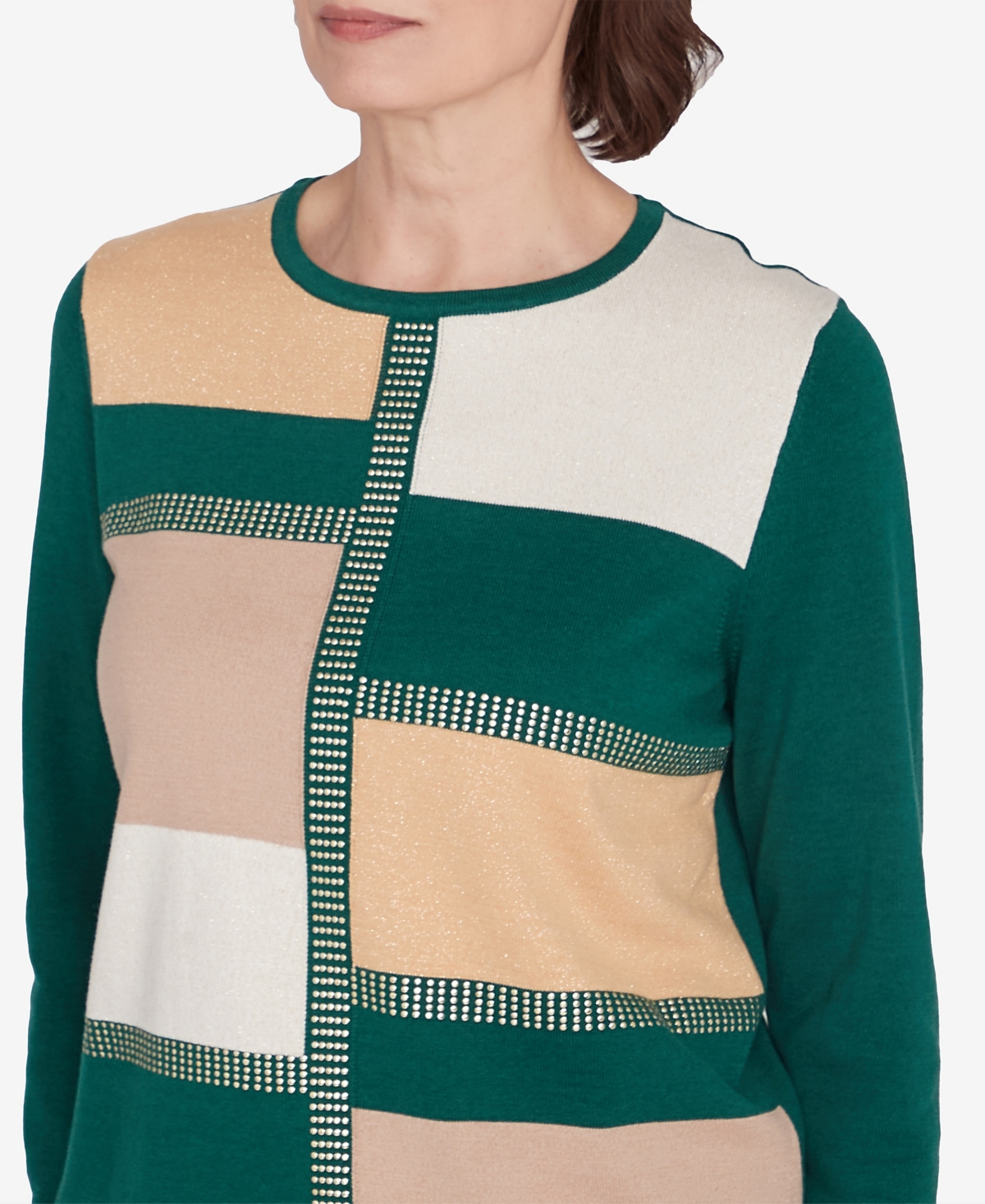 Alfred Dunner Plus Size Emerald Isle Color Blocking Gold Trim Sweater In Mugreen
