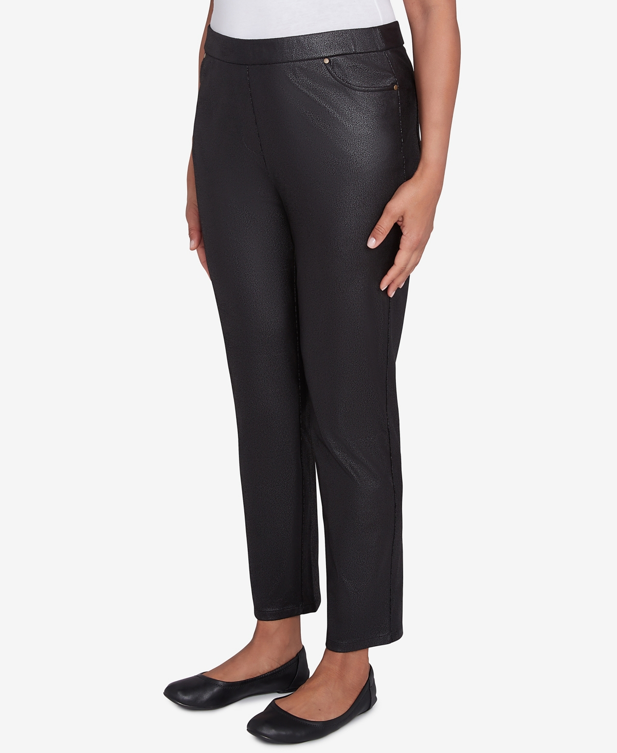 Alfred Dunner Women's Rue Rivoli Faux Leather Flat Elastic Waist Medium Length Pants In Black