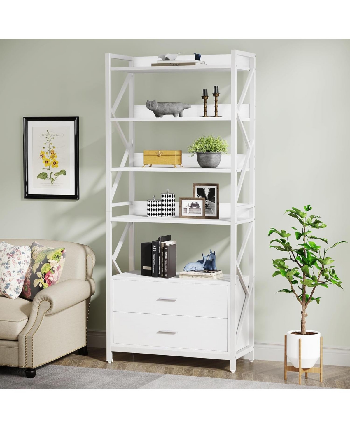 Tribesigns Bookshelf with Drawers, Industrial Bookcase with 2 Drawers, 5 Shelf Open Shelf for Storage, Wood Book Shelf for Living Room, Bedroom