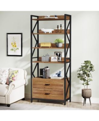 Bookshelf with Drawers, Industrial Bookcase with 2 Drawers, 5 Shelf Open Shelf for Storage, Wood Book Shelf