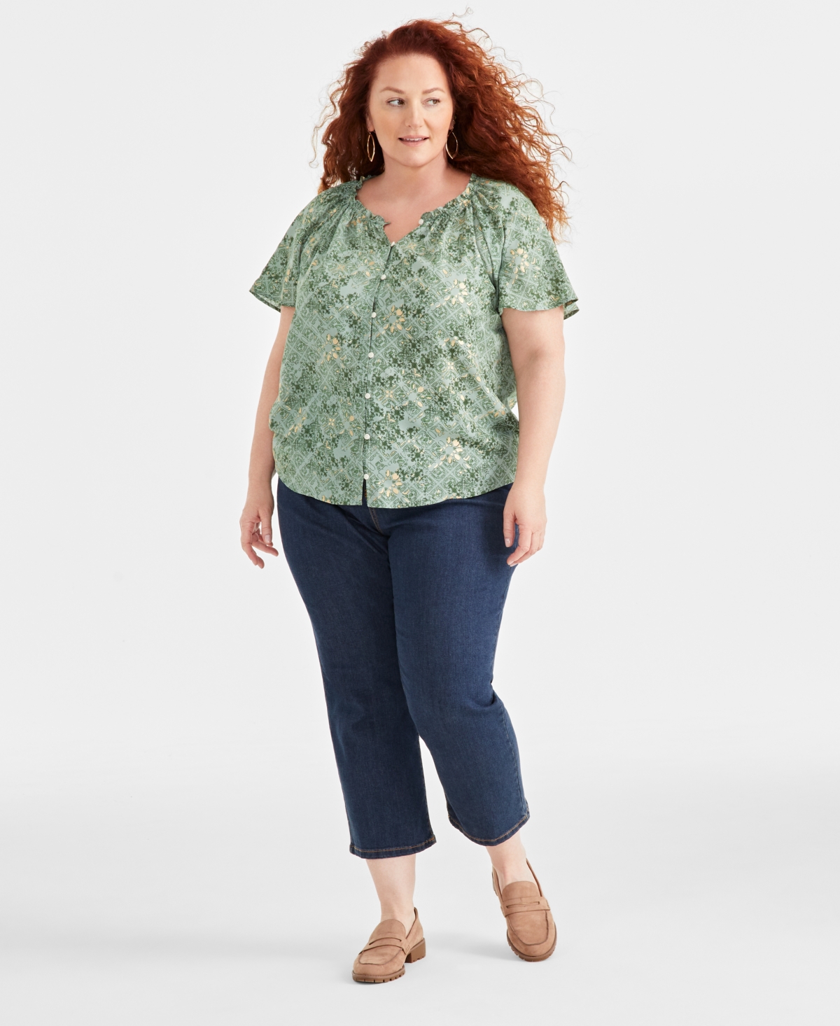 Style & Co Plus Size Printed Round-Neck Flutter-Sleeve Top, Created for Macy's