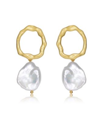 Sterling Silver Gold Plated with Genuine Freshwater Pearl Drop Round Earrings