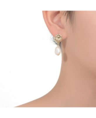 14k Yellow Gold Plated with Baroque Oval Genuine Freshwater White Pearl Coral Reef Dangle Earrings in Sterling Silver