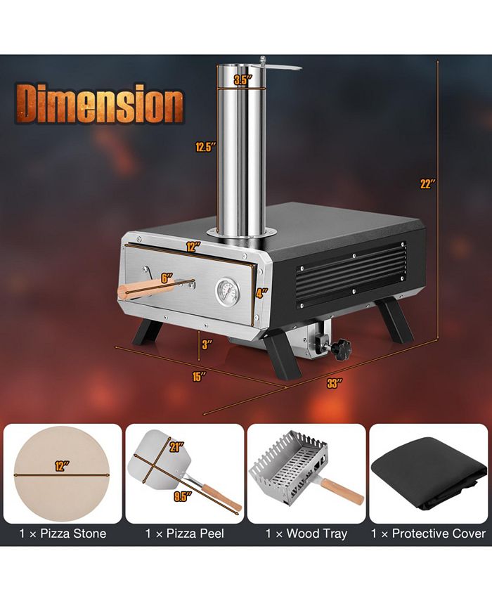 Outdoor Wood-Fired Pizza Oven With Rotating Stone - Portable Stainless Steel Oven With Peel, Thermometer & Cover