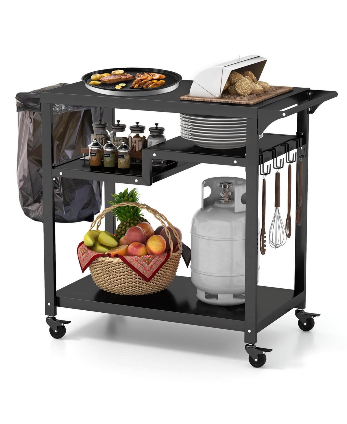 Rolling Grill Cart 3-Shelf Bbq Cart with Hooks and Side Handle-Black - Black