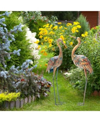 Set of 2 Crane Garden Statues Standing Metal Crane Sculptures Bird