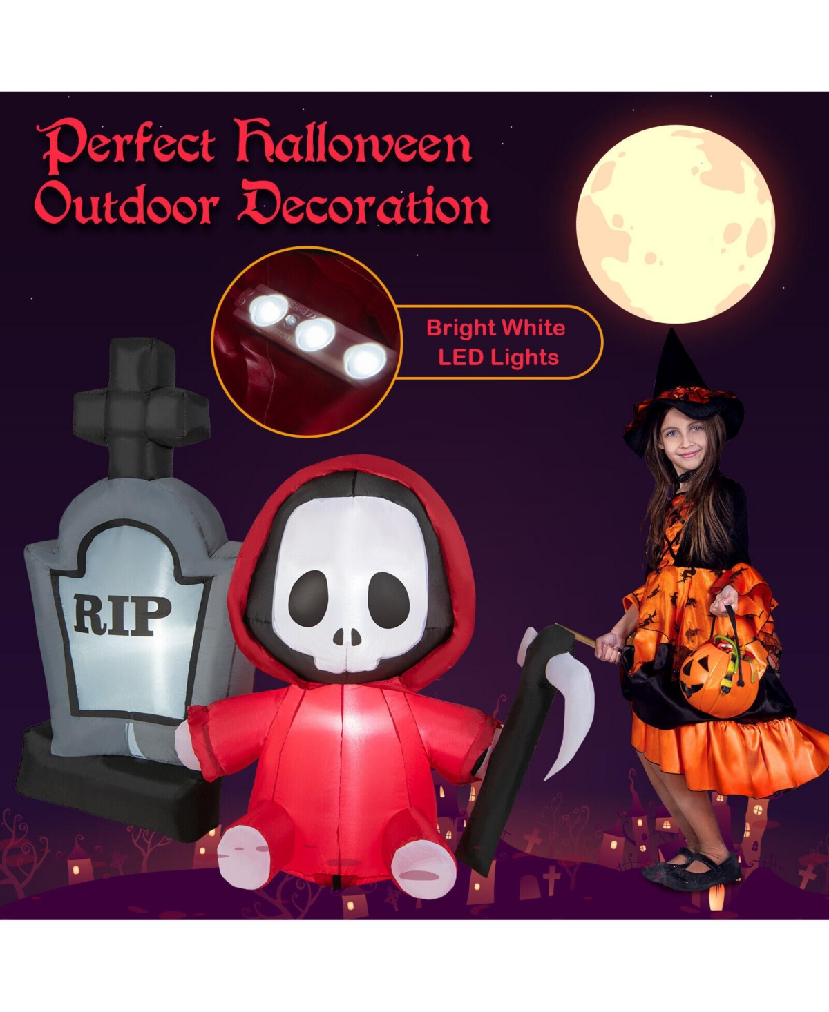 Skonyon 5 Feet Inflatable Halloween Ghost Holding Sickle and Tombstone Yard Decor