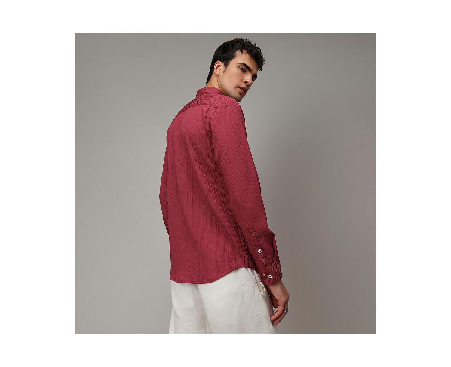 Men's Blush Red Self-Design Striped Shirt