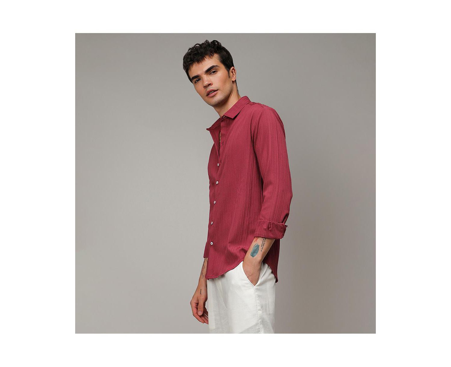 Men's Blush Red Self-Design Striped Shirt