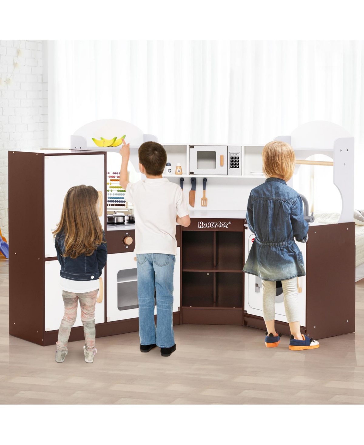 Costway Corner Play Kitchen with Ice Maker Microwave Oven for Kids 3+ Years Old Wooden Toy
