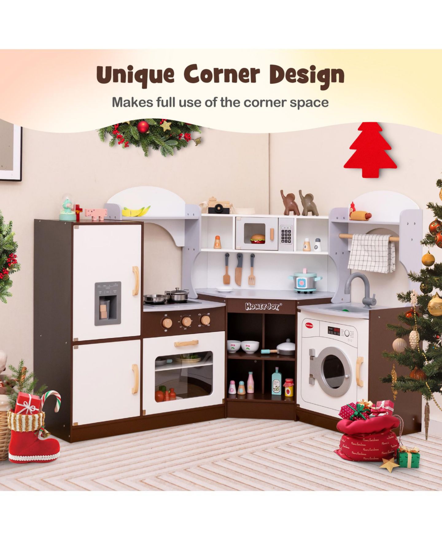 Детские игрушки Costway Wooden 16-Piece Corner Play Kitchen with Ice Maker and Microwave, Ages 3+, цвет: Коричневый — фото 7